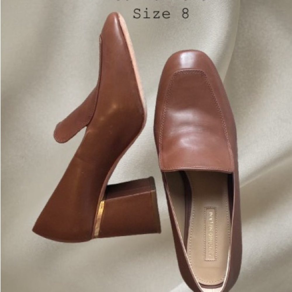 Brown Leather Block Heel Loafers